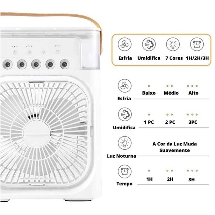 Refrigerador de Ar Portátil 3 em 1 com LED – Ventilador, Umidificador e Reservatório de Água