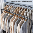 Cabideiro de Chão Duplo 2 Níveis – Preto Fosco | Arara de Roupas com Dupla Capacidade e Ganchos Laterais